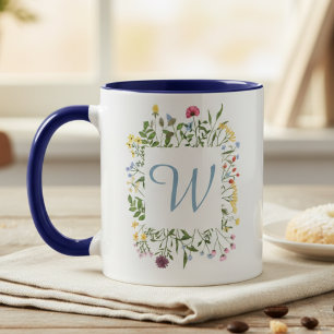 Mug Monogramme de fleur sauvage initiale bleue