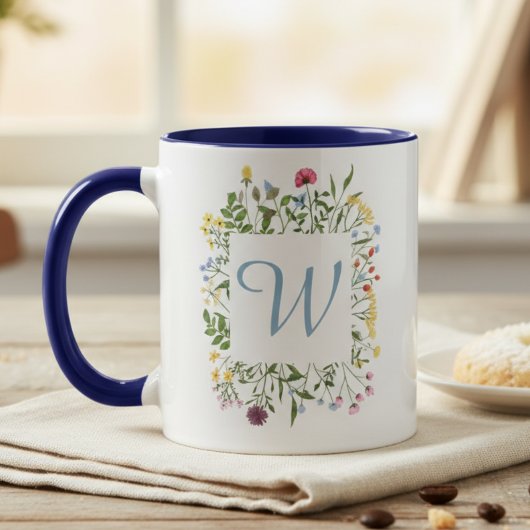 Mug Monogramme de fleur sauvage initiale bleue