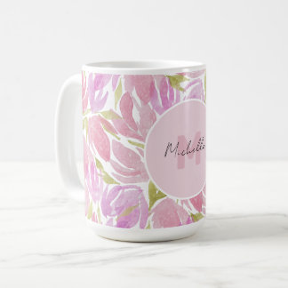 Mug Monogramme de fleurs aquarelles rose boho moderne