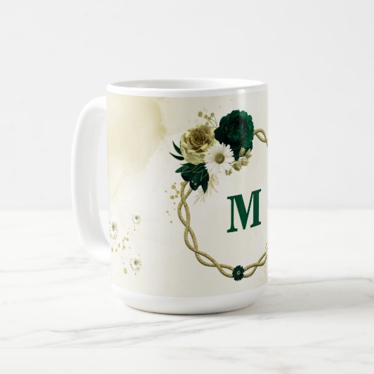 Mug Monogramme de fleurs d'or et d'ivoire vert émeraud (Devant gauche)