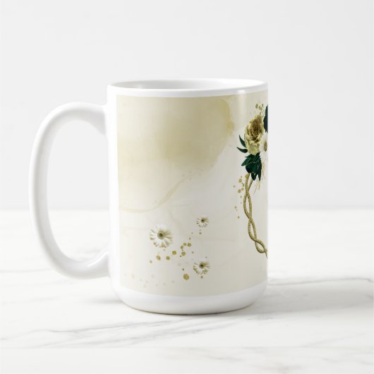 Mug Monogramme de fleurs d'or et d'ivoire vert émeraud (Gauche)