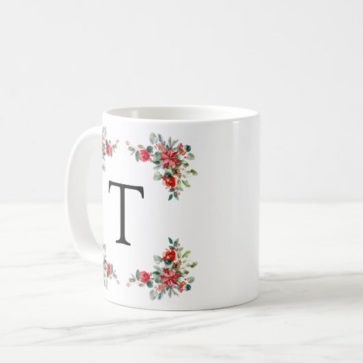 Mug Monogramme de fleurs rouges d'hiver (Devant gauche)