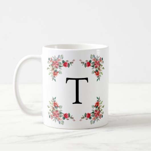 Mug Monogramme de fleurs rouges d'hiver (Gauche)