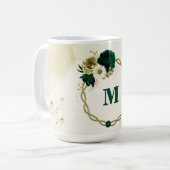 Mug Monogramme de fleurs vert émeraude ivoire or (Devant gauche)