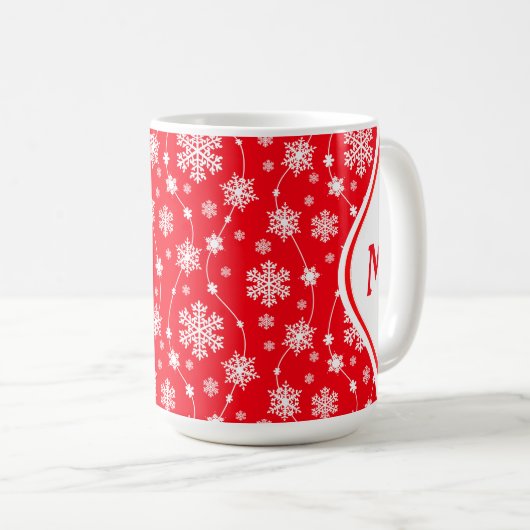 Mug Monogramme de flocon de neige rouge et blanc hiver (Devant droit)