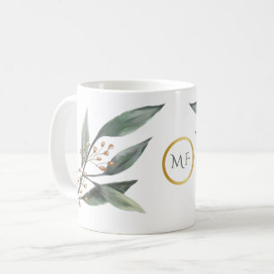Mug Monogramme de gomme à la feuille d'eucalyptus vert