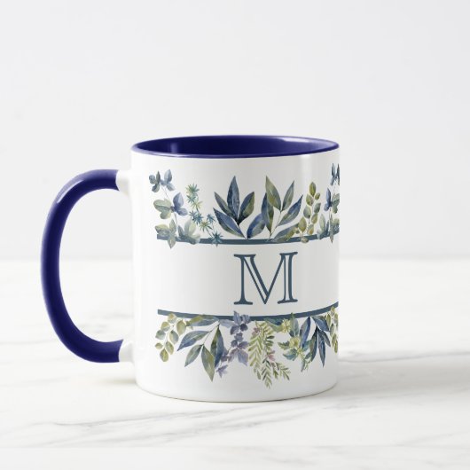 Mug Monogramme de la frontière Feuille en bleu d'Indig (Gauche)