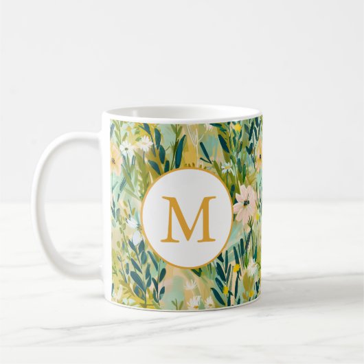 Mug Monogramme de motif aquarelle de fleur verte color (Gauche)