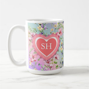 Mug Monogramme de motif aquarelle de fleurs printanièr