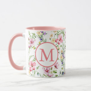 Mug Monogramme de motif aquarelle de fleurs printanièr