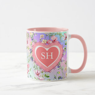 Mug Monogramme de motif aquarelle de fleurs printanièr