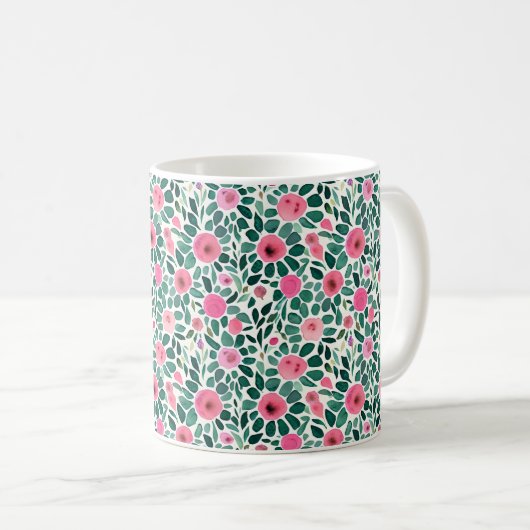 Mug monogramme de motif floral rose et vert (Devant droit)