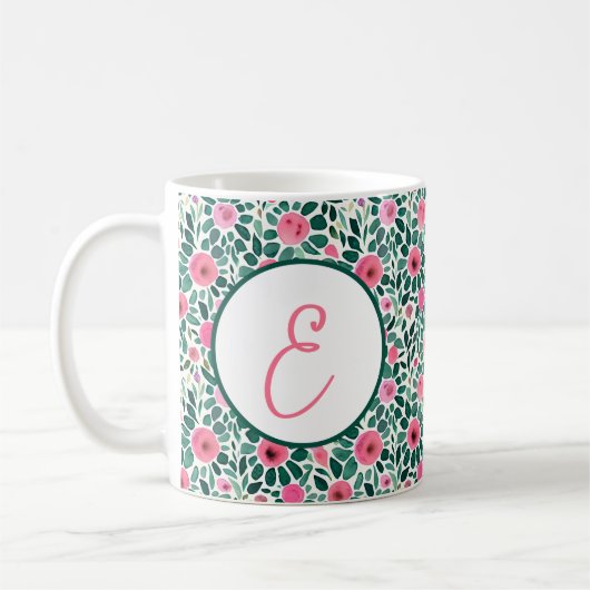 Mug monogramme de motif floral rose et vert (Gauche)