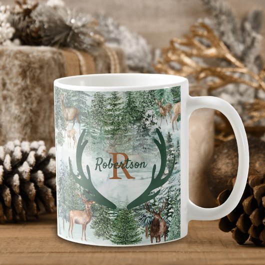 Mug Monogramme de Noël des cerfs de bois d'hiver