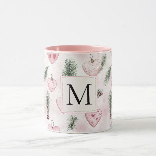Mug Monogramme de Noël en cœurs rose saumon (Centre)