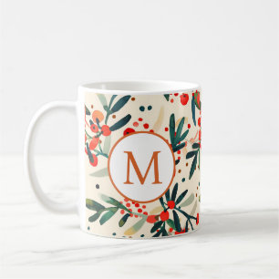 Mug Monogramme de Noël rouge moderne Holly Berries