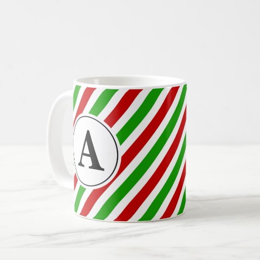 Mug Monogramme de Noël rouge vert rayé (Devant gauche)