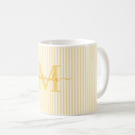 Mug Monogramme de nom à rayure jaune moderne (Devant droit)