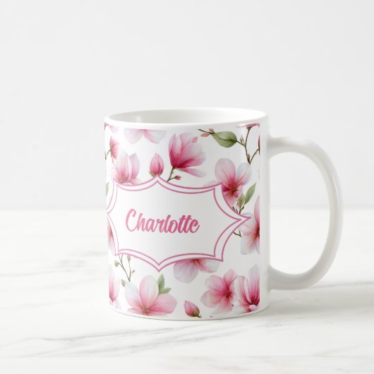 Mug Monogramme de nom botanique à l'aquarelle Magnolia (Droite)