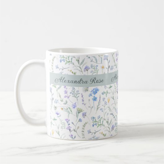 Mug Monogramme de nom de fleur sauvage aquarelle bleu (Gauche)