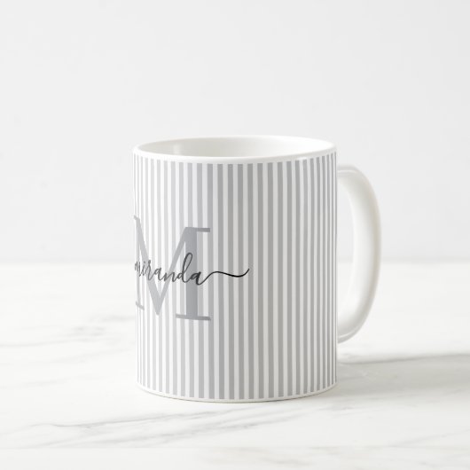Mug Monogramme de nom de rayure grise moderne (Devant droit)