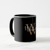 Mug Monogramme de nom de script de luxe noir et or    (Devant gauche)