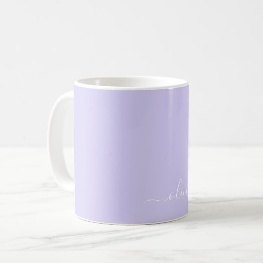 Mug Monogramme de nom de script féminin violet lavande (Devant gauche)