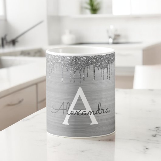 Mug Monogramme de nom en métal brossé avec paillettes