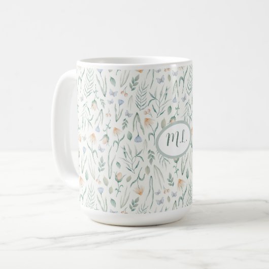 Mug Monogramme de nom floral à l'aquarelle botanique é (Devant gauche)