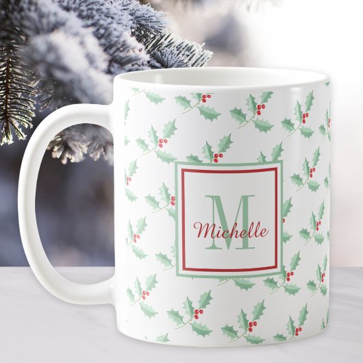 Mug Monogramme de nom Noël houx