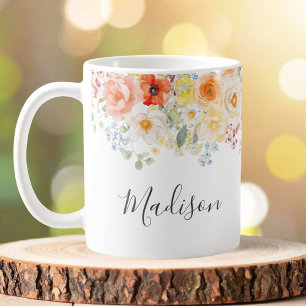 Mug Monogramme de nom personnalisé aquarelle florale e