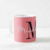 Mug monogramme de nom personnalisé rose et blanc de co (Devant gauche)