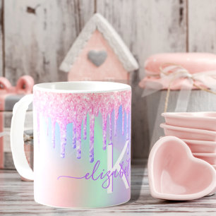 Mug monogramme de nom rose rose holographique