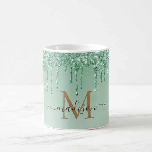 Mug Monogramme de Parties scintillant verte chic  (Centre)