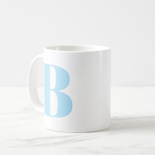 Mug Monogramme de point Polka bleu et blanc pour bébé (Devant gauche)