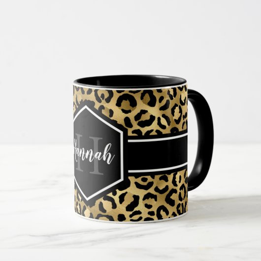 Mug Monogramme de points de léopard noir or (Devant droit)