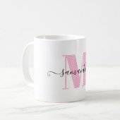 Mug Monogramme de pois rose et blanc clair (Devant gauche)