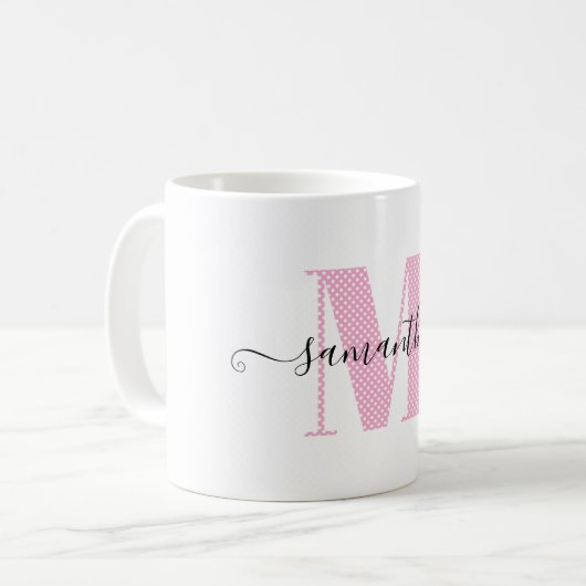 Mug Monogramme de pois rose et blanc clair (Devant gauche)
