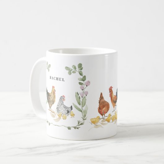 Mug Monogramme de poulet moelleux floral rustique Nom (Devant gauche)