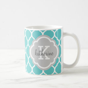 Mug Monogramme de Quatrefoil marocain Turquoise et Gri