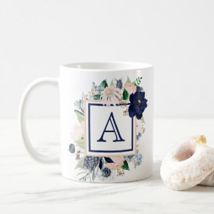 Mug Monogramme de rose florale bleue 
