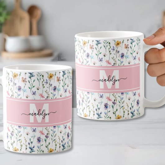 Mug Monogramme de script botanique floral élégant