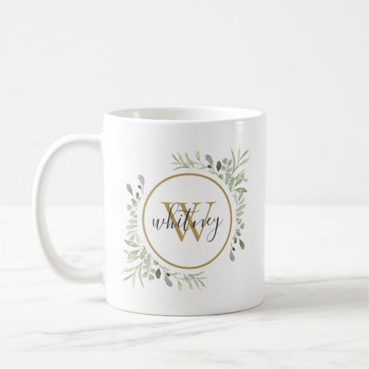 Mug Monogramme de script de verdure dorée personnalisé (Gauche)