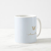 Mug Monogramme de script en or bleu clair moderne (Devant droit)