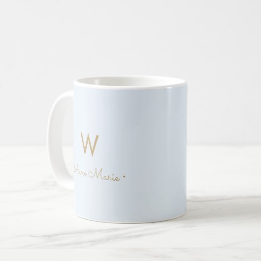 Mug Monogramme de script en or bleu clair moderne (Devant gauche)