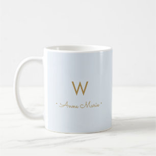 Mug Monogramme de script en or bleu clair moderne