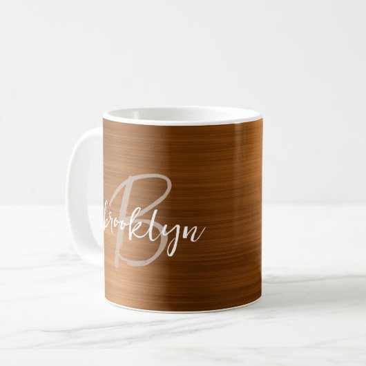 Mug Monogramme de script métallique brossé orange brûl (Devant gauche)
