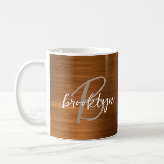 Mug Monogramme de script métallique brossé orange brûl (Gauche)