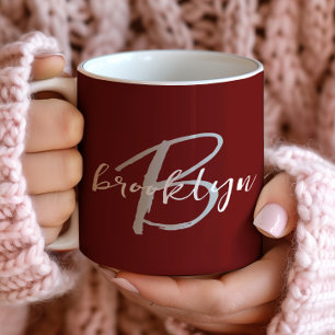 Mug Monogramme de script tendance Bordeaux gris blanc