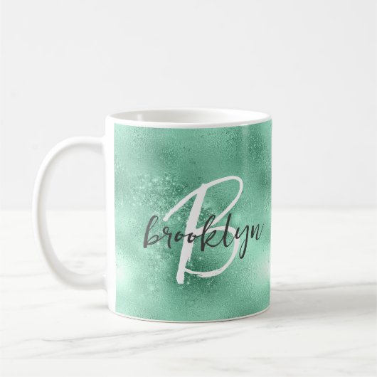 Mug Monogramme de script tendance Glam Mint Green (Gauche)